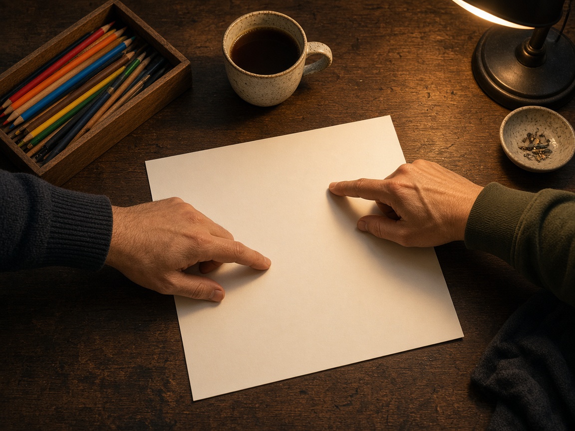 Hands working over blank paper at a workshop table